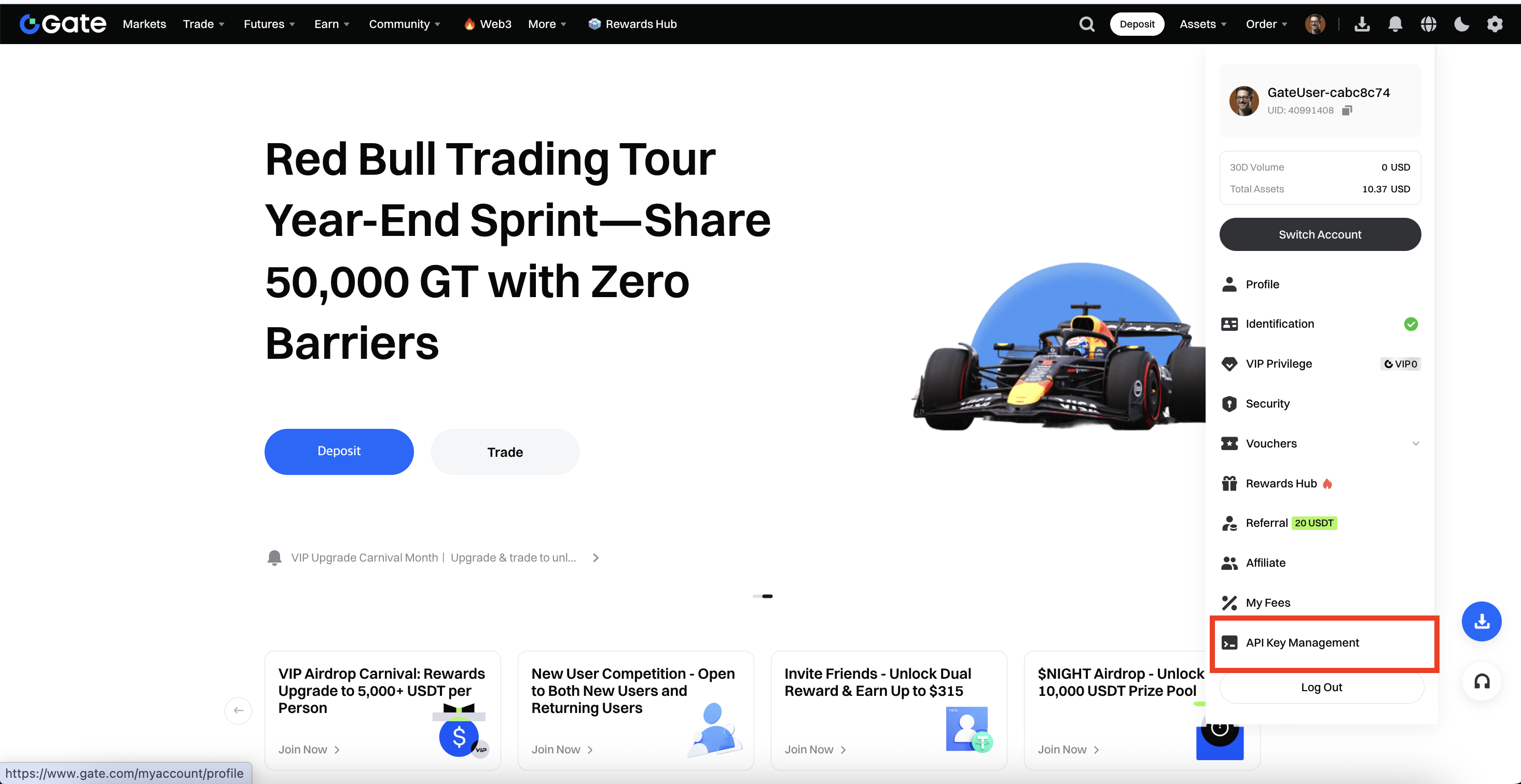 Gate.io Settings → API Management